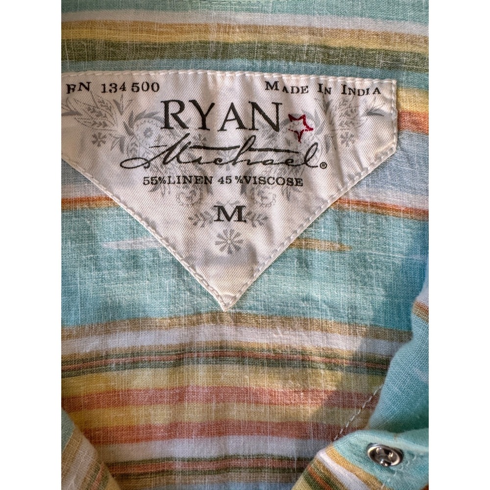 Ryan Michael Western Snap Shirt Womens M Teal Orange Stripe Linen Blend - Picture 6 of 10